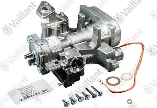 Gasarmatur von Vaillant, gefertigt aus Metall. Das Produkt zeigt Anschlussmöglichkeiten und wird mit Zubehörteilen wie Dichtungen und Schrauben geliefert.